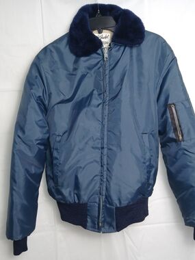 Vintage Men's Navy Blue Nylon Flight Jacket - Medium